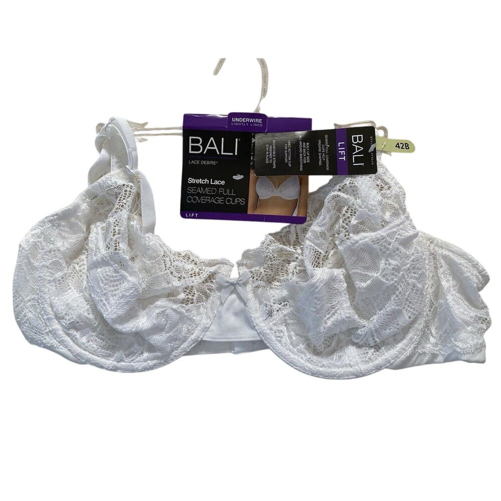 NWT Bali 42B Stretch Wht Lace Lift Seamed Full Coverage Underwire Btm Lined Bra